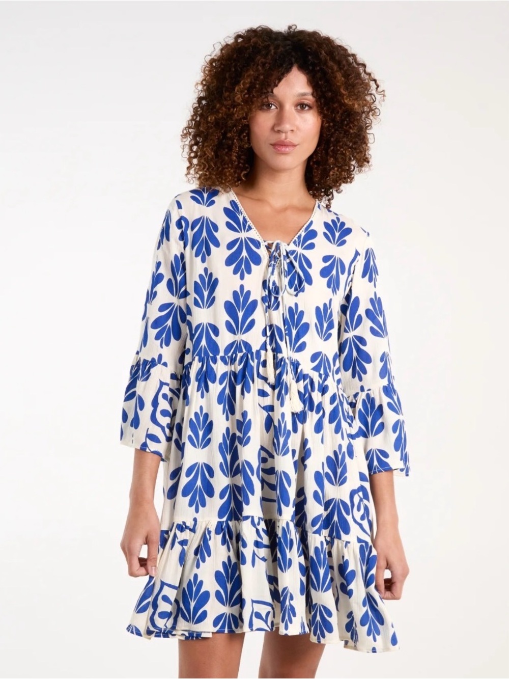 Japna White and Blue Floral V-Neck Tunic